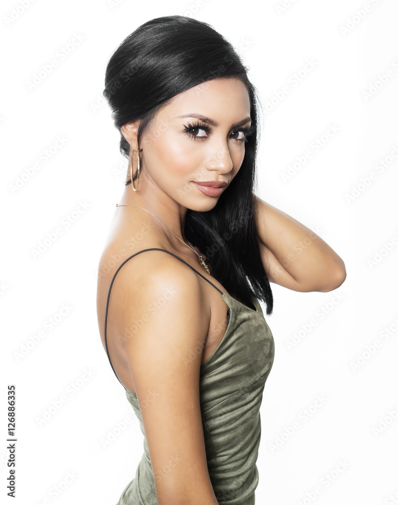 Beautiful elegant woman wearing dress - stylish makeup and hair Beautiful elegant woman wearing dress - stylish makeup and hair