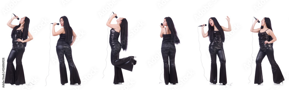 Woman singing in karaoke club in various poses on white Woman singing in karaoke club in various poses on white