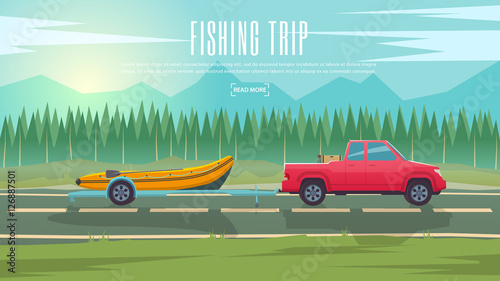 Vector banner on the theme of Fishing, Camping, Walking. Outdoor recreation, adventures in nature, vacation. Fishing on the boat and Evening camp