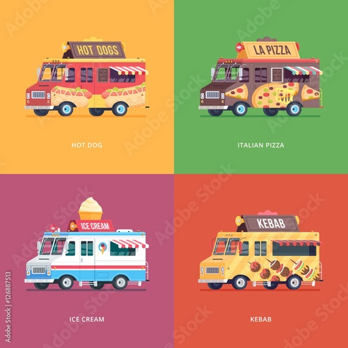 Set of flat food truck illustrations. Modern design concept compositions for hot dog, italian pizza, ice cream and kebab delivery wagon.