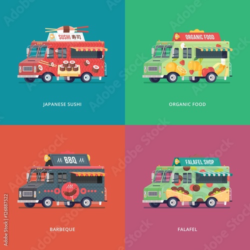 Set of flat food truck illustrations. Modern design concept compositions for japanese sushi, fruit and vegetable, barbeque and falafel delivery wagon.