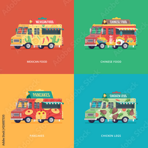 Set of flat food truck illustrations. Modern design concept compositions for mexican cuisine, chinese , pancakes and chicken legs delivery wagon.