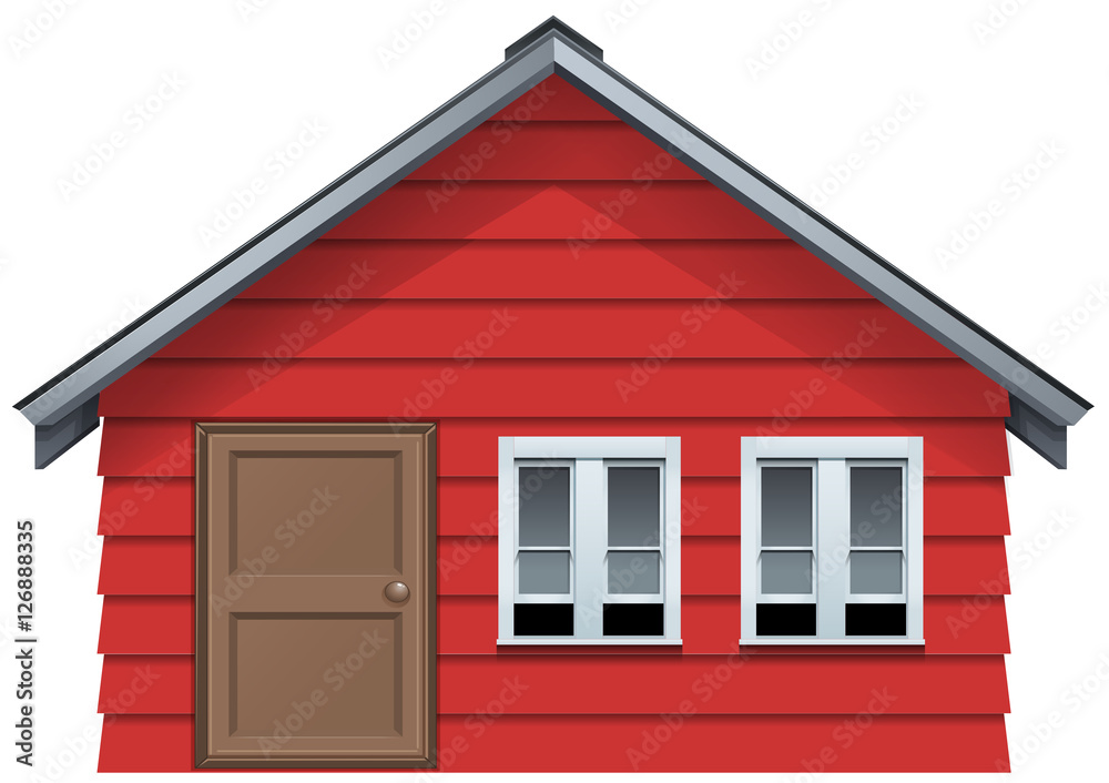 Red house with wooden door and two windows Red house with wooden door and two windows