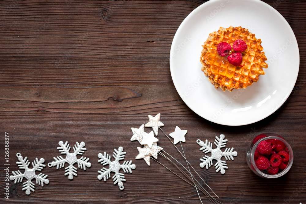 Christmas breakfast with waffles top view Christmas breakfast with waffles top view