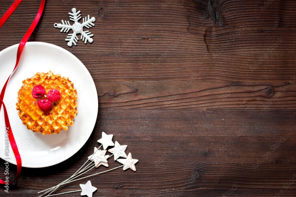 Christmas breakfast with waffles top view Christmas breakfast with waffles top view