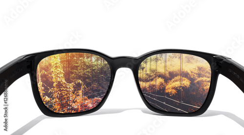 Eye glasses, isolated on white background, with seasons change forest in lens, isolated on white background