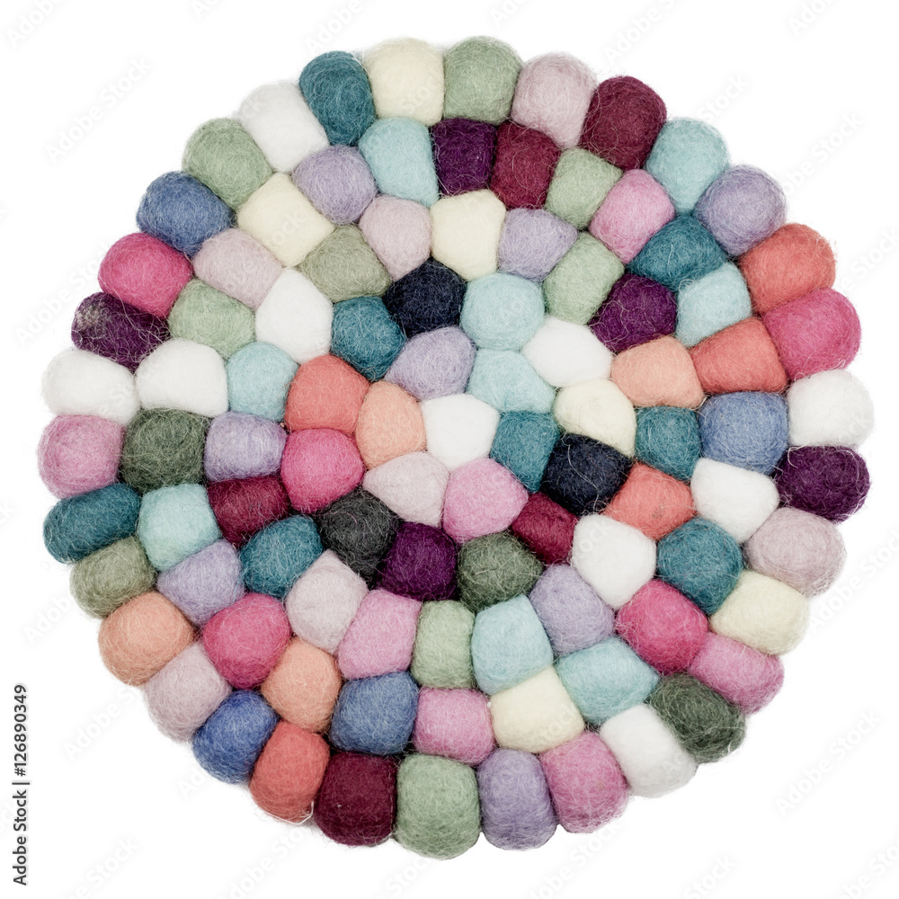 Colorful balls of wool.Felt handmade. Potholder with colorful beads.Isolated on white background. Colorful balls of wool.Felt handmade. Potholder with colorful beads.Isolated on white background.