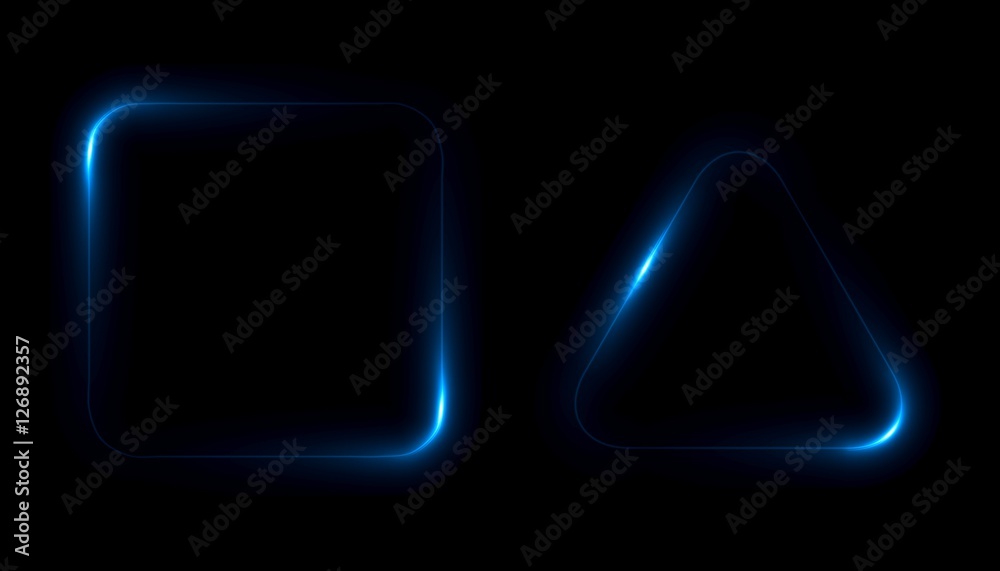 Glowing frames on black background. Square glow borders. Sparkling geometric light banner. Luminous triangle light shape. Shining triangular forms. Neon sign. Bright sign with flares and sparkles. LED Glowing frames on black background. Square glow borders. Sparkling geometric light banner. Luminous triangle light shape. Shining triangular forms. Neon sign. Bright sign with flares and sparkles. LED