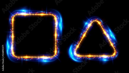 Glowing frames on black background. Square glow borders. Sparkling geometric light banner. Luminous triangle light shape. Shining triangular forms. Neon sign. Bright sign with flares and sparkles. LED © rybindmitriy