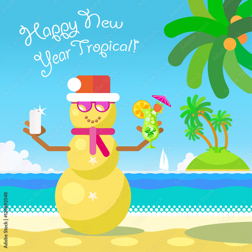 Happy New Year Tropical! Selfies snowman made of sand against the backdrop of the island, yachts, the beach. Flat.eps8