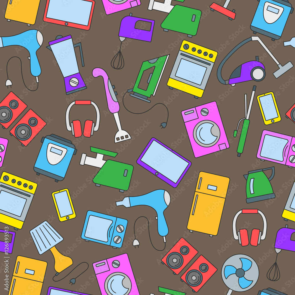 Seamless background with a simple icons on the topic of household appliances, a colored icons on a brown background Seamless background with a simple icons on the topic of household appliances, a colored icons on a brown background