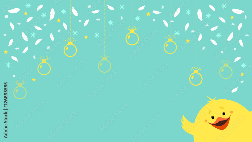 Christmas background for 2017 new year with a chicken. Feathers, beads and snowflakes. Vector illustration