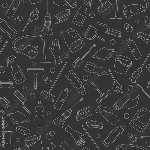 Seamless pattern on the theme of cleaning and household equipment and cleaning products,white outline on a dark background