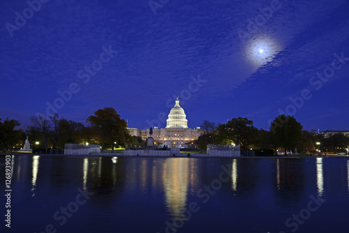 The Capitol Building in Washington DC at night with reflection in pond, capital of the United States of America