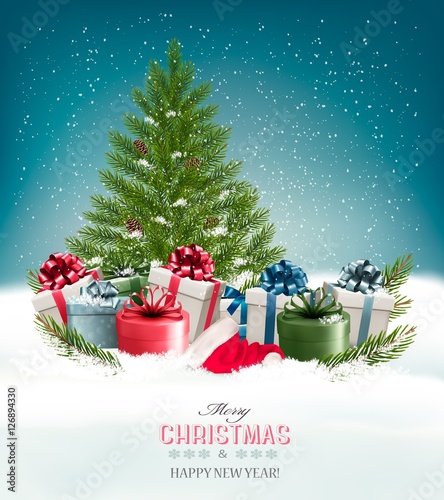 Christmas background with a christmas tree and presents. Vector.