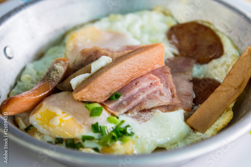 vietnam style fried egg with sausage and ham