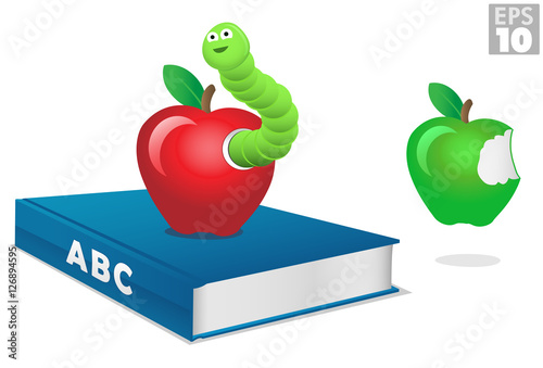 Bookworm, red apple, green apple and reading book
