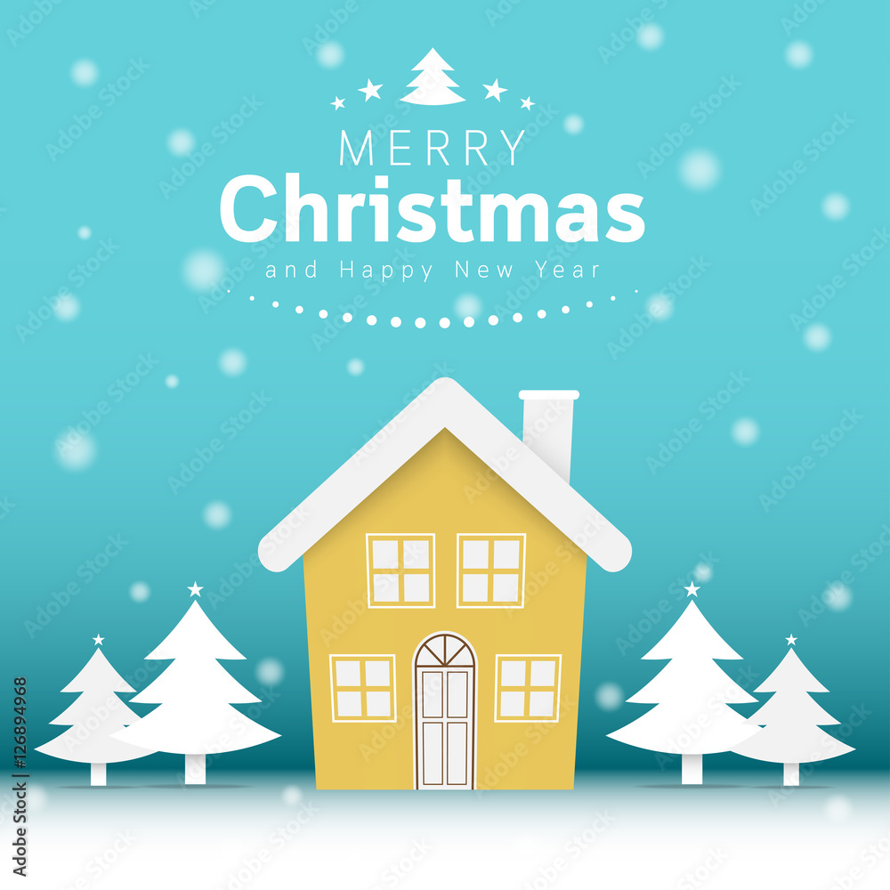 Merry Christmas with house, tree in snowfall on green background. Greeting card vector illustration.