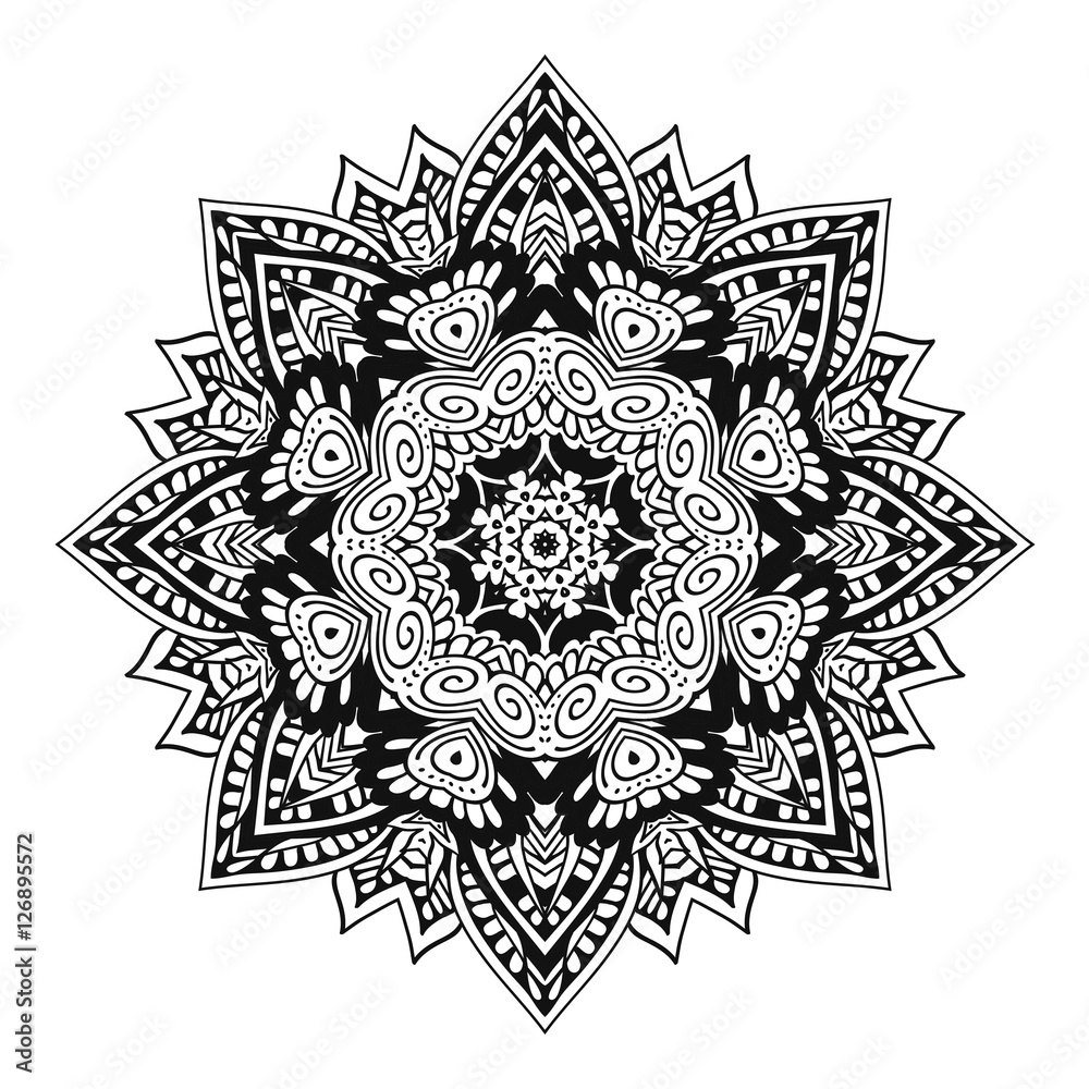 Hand Drawn Henna Abstract Mandala Flowers and Paisley Doodle, antistress for adult Coloring Page for coloring book