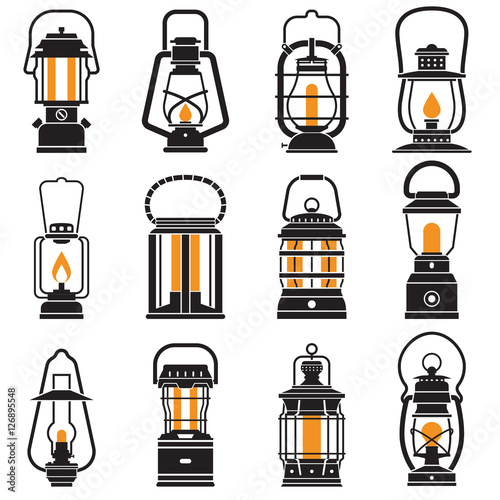 Vintage lantern set isolated on white background. Different oil lamp collection. Modern and retro lanterns flat vector illustration. Various handle gas lamps and camping lanterns silhouettes. photo