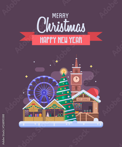 Vector Christmas wishing card with traditional celebrating text. Merry Christmas and Happy New Year greetings card with winter festival background. Winter holidays congratulation template in flat.