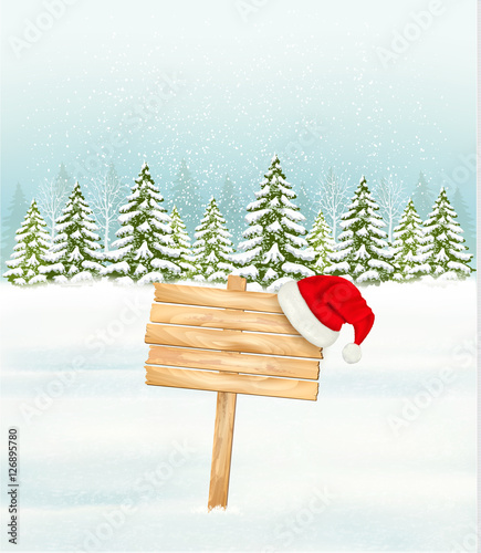 Winter nature background with a wooden sign and a Santa hat. Vec