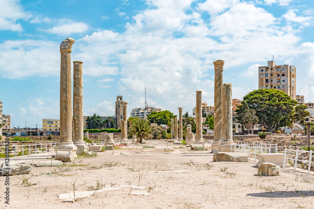 Al Mina archaeological site in Tyre, Lebanon. It is located about 80 km south of Beirut. Tyre has led to its designation as a UNESCO World Heritage Site in 1984.