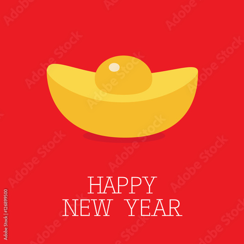 Cinese New Year symbol atribute. Gold Ingot. Golden bar icon. Greeting card. Flat design. Red background.