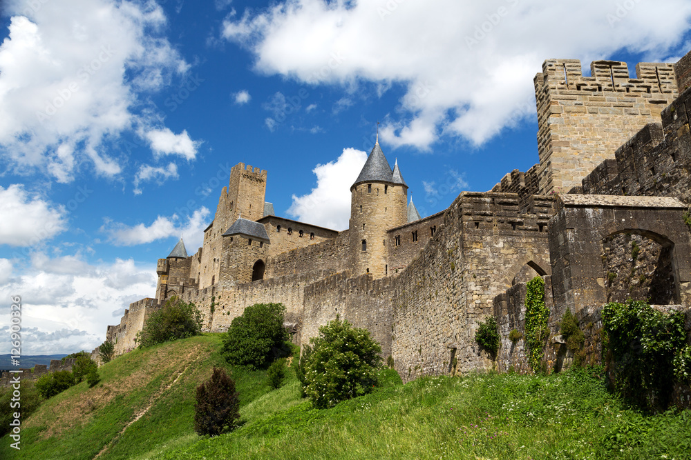 The medieval fortified city of Carcassonne, France on a spring day.