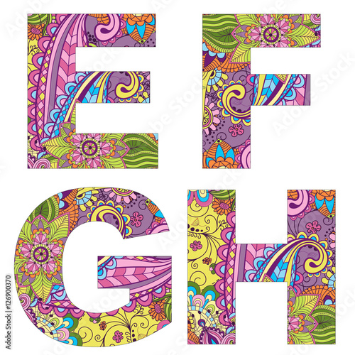 English alphabet with colorful vintage pattern