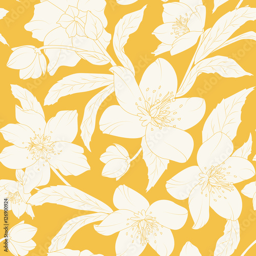 Hellebore Christmas rose flowers pattern. Winter rose. Lenten rose. Helleborus niger. Detailed elegant outline sketch drawing on bright yellow. Seamless background. Vector design illustration.