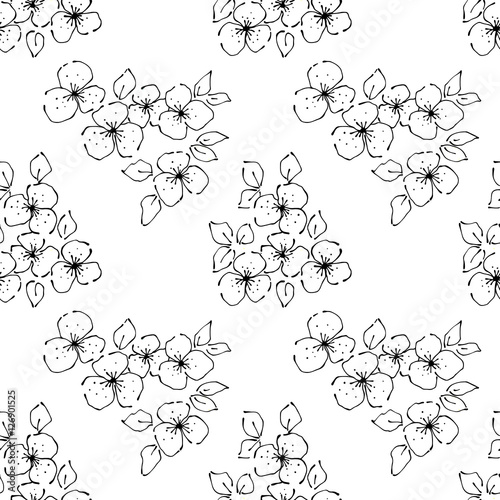 Seamless vector hand drawn seamless floral  pattern. Black and white Background with flowers  leaves. Decorative graphic vector drawn illustration. Line drawing