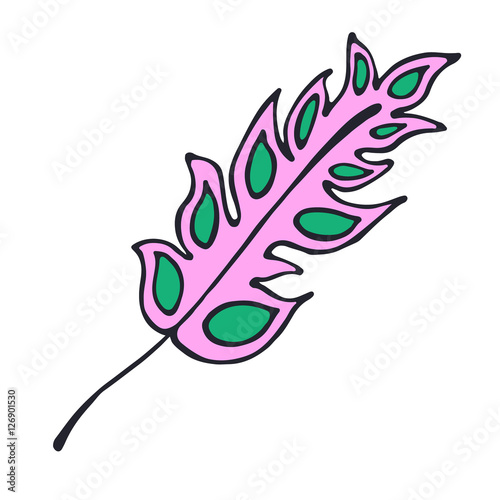 Vector hand drawn illustration, decorative ornamental stylized feather.  Pink graphic illustration isolated on the white background. Inc drawing silhouette.