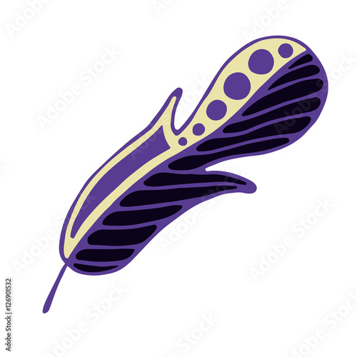 Vector hand drawn illustration, decorative ornamental stylized feather.  Blue graphic illustration isolated on the white background. Inc drawing silhouette.