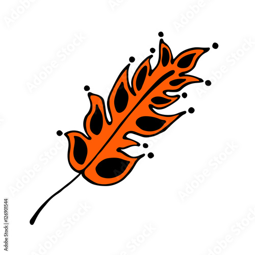 Vector hand drawn illustration, decorative ornamental stylized feather.  Red graphic illustration isolated on the white background. Inc drawing silhouette.