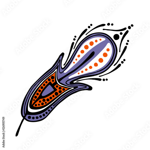 Vector hand drawn illustration, decorative ornamental stylized feather. Blue  graphic illustration isolated on the white background. Inc drawing silhouette.