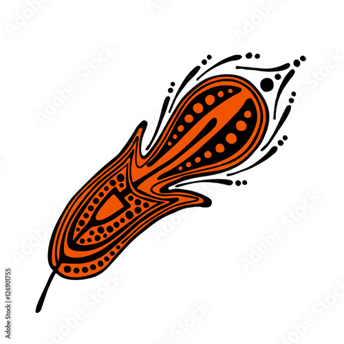 Vector hand drawn illustration, decorative ornamental stylized feather.  Red graphic illustration isolated on the white background. Inc drawing silhouette.