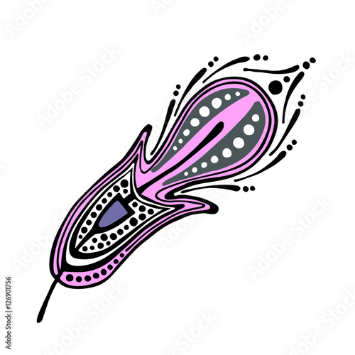 Vector hand drawn illustration, decorative ornamental stylized feather. Pink  graphic illustration isolated on the white background. Inc drawing silhouette.