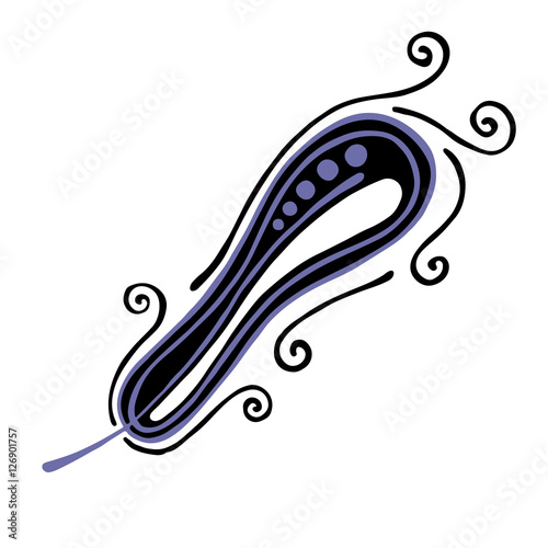 Vector hand drawn illustration, decorative ornamental stylized feather. Blue  graphic illustration isolated on the white background. Inc drawing silhouette.