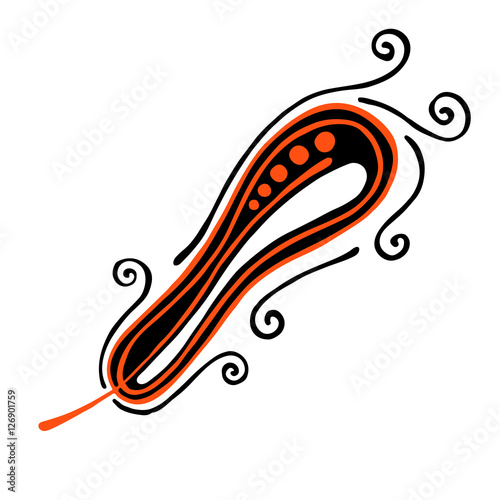 Vector hand drawn illustration, decorative ornamental stylized feather.  Red graphic illustration isolated on the white background. Inc drawing silhouette.
