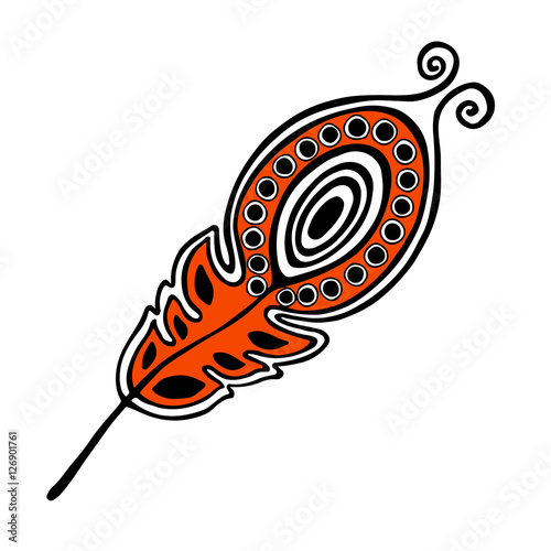 Vector hand drawn illustration, decorative ornamental stylized feather.  Red graphic illustration isolated on the white background. Inc drawing silhouette.