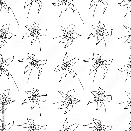Seamless vector hand drawn seamless floral  pattern. Black and white Background with flowers, leaves. Decorative graphic vector drawn illustration. Line drawing © Valentain Jevee
