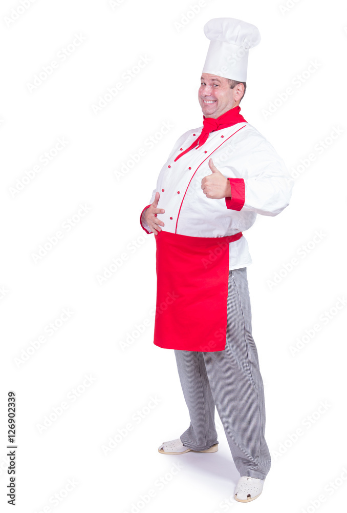 cheerful chef standing with gesture thumb up, isolated on white background cheerful chef standing with gesture thumb up, isolated on white background