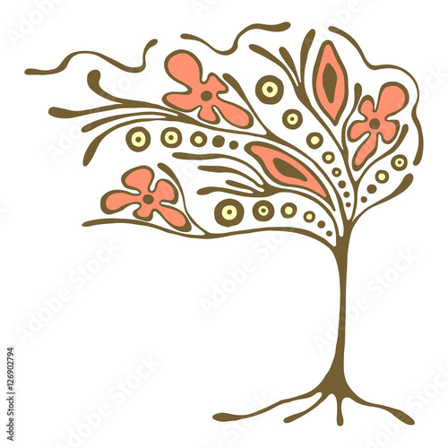 Vector hand drawn illustration, decorative ornamental stylized tree. Abstract graphic illustration isolated on the white background. Artistic drawing silhouette. Decorative  ornamental wood