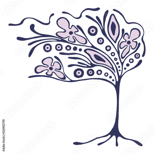 Vector hand drawn illustration, decorative ornamental stylized tree. Abstract graphic illustration isolated on the white background. Artistic drawing silhouette. Decorative  ornamental wood