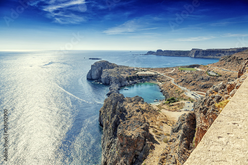 Beautiful seascape, a top view of the sea and the bay. Lindos, t
