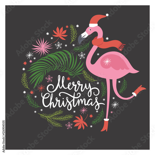Christmas illustration, pink flamingo