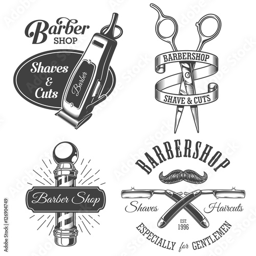 Set of vintage barbershop emblems, labels, badges, logos. Layered. Text is on separate layer. Isolated on white
