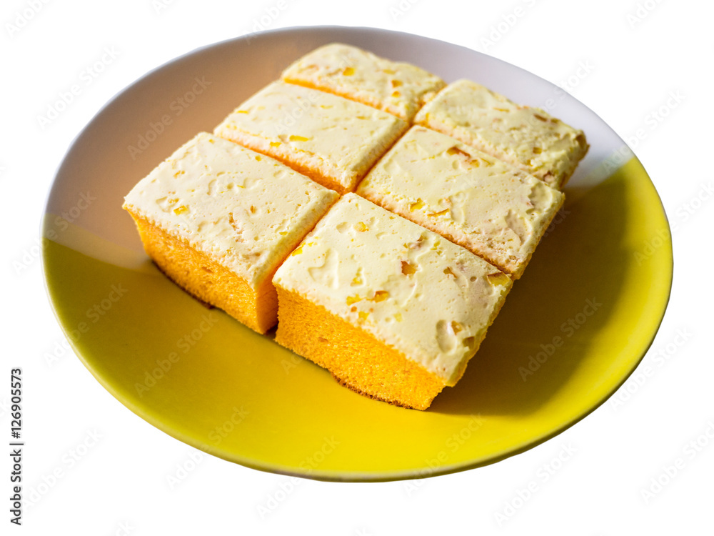 sliced butter cake on white background