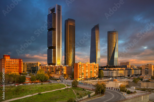Madrid.Image of Madrid, Spain financial district with modern skyscrapers during sunrise.